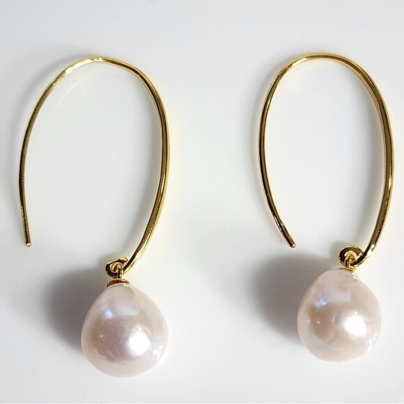 925S Cultured Freshwater Pearl Dangle Threader Hook Earrings Gold Plated - Picture 13 of 14